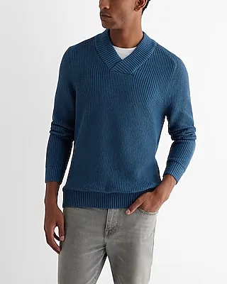 Ribbed Shawl Neck Cotton Sweater Blue Men's XS