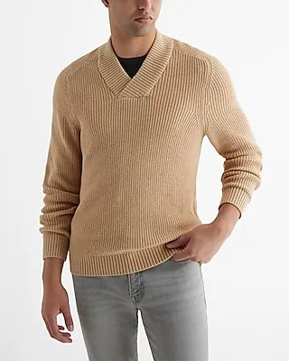 Ribbed Shawl Neck Cotton Sweater Neutral Men's L Tall