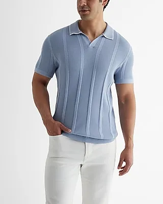 Ribbed Johnny Collar Cotton Sweater Polo Blue Men's