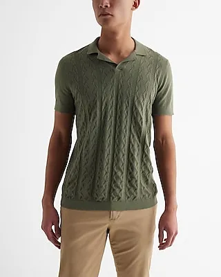 Textured Knit Johnny Collar Cotton Sweater Polo Green Men's