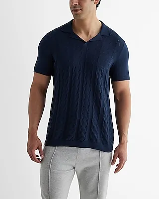 Textured Knit Johnny Collar Cotton Sweater Polo Blue Men's XXL Tall