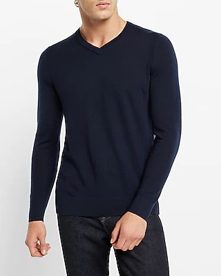 Solid Merino Wool V-Neck Sweater Blue Men's M