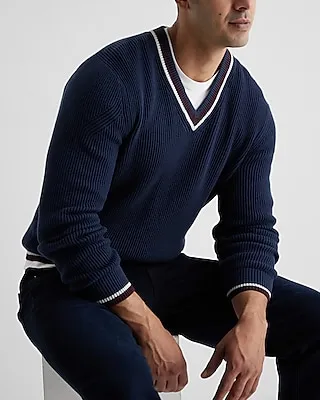Stripe Tipped V-Neck Cotton Sweater Blue Men's M