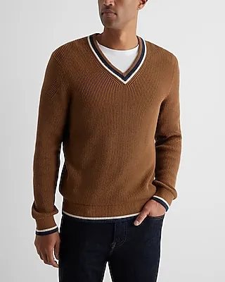 Stripe Tipped V-Neck Cotton Sweater Brown Men's M Tall
