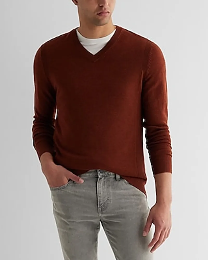 V-Neck Merino Wool Sweater Brown Men's M Tall