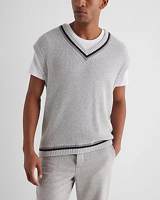 Relaxed Cotton Striped Hem Sweater Vest Gray Men's XL Tall