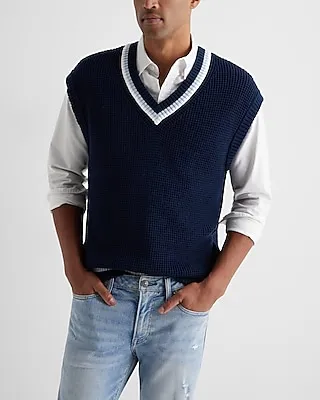 Relaxed Cotton Striped Hem Sweater Vest Men