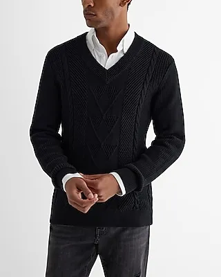 Cotton Patterned Cable Knit V-Neck Sweater Black Men's XL Tall
