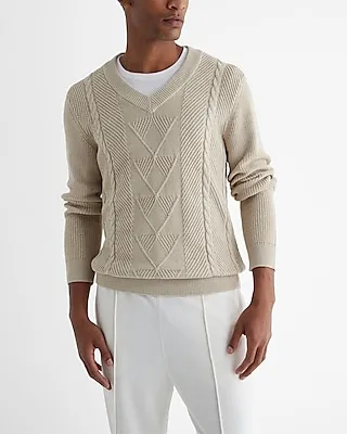 Cotton Patterned Cable Knit V-Neck Sweater Neutral Men's