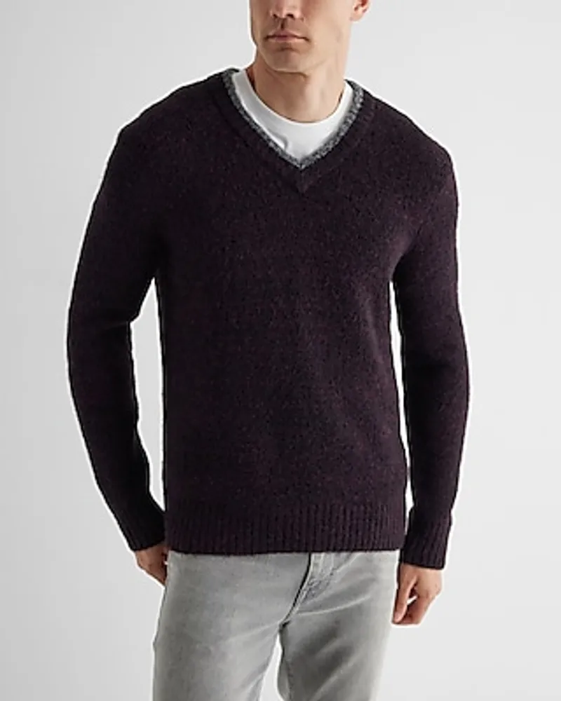 Textured Tipped V-Neck Sweater Purple Men's M Tall