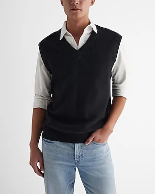 V-Neck Cotton Sweater Vest Black Men's XL Tall