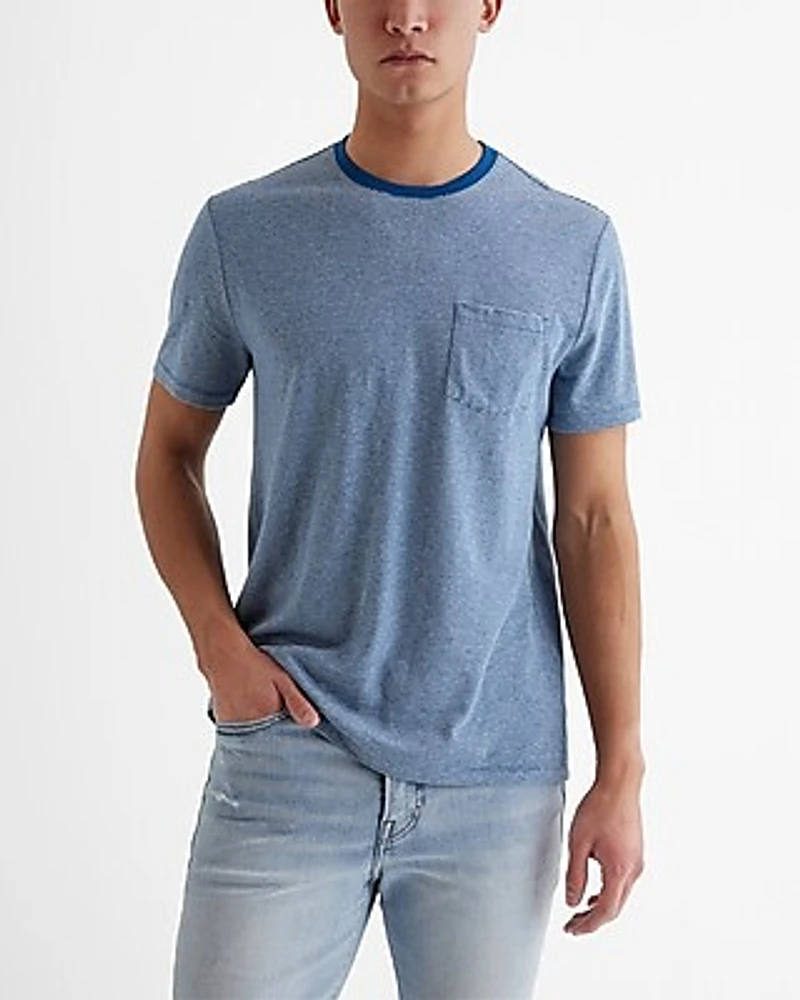 Striped Linen-Blend Pocket Crew Neck T-Shirt Blue Men's