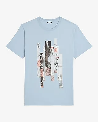 Tiled Floral Bird Graphic T-Shirt Blue Men's XL