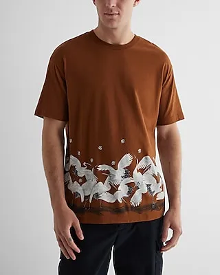 Relaxed Crane Print Perfect Pima Cotton T-Shirt Brown Men's L