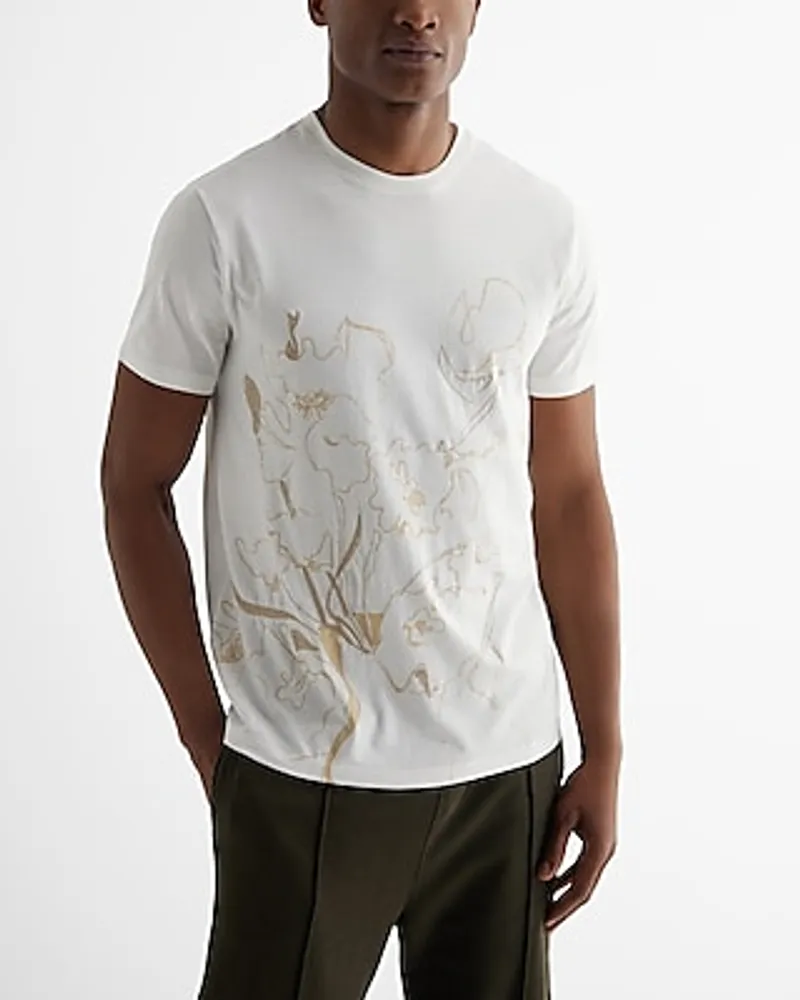 Embroidered Abstract Floral Graphic Perfect Pima Cotton T-Shirt White Men's XS