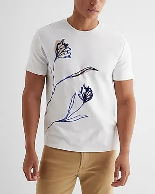Embroidered Sketched Stem Graphic T-Shirt White Men's M Tall