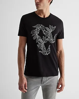 Embroidered Leaves Graphic Perfect Pima Cotton T-Shirt Black Men's S