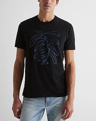 Embroidered Leaf Graphic T-Shirt Black Men's XS