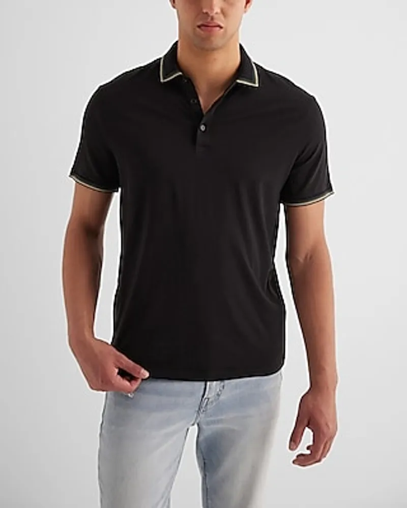 Multi Stripe Tipped Collar Perfect Pima Cotton Polo Black Men's XL