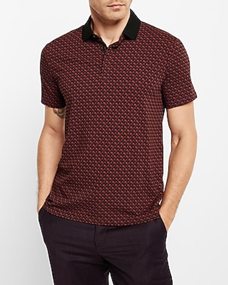 Geo Print Contrast Collar Moisture-Wicking Performance Polo Brown Men's