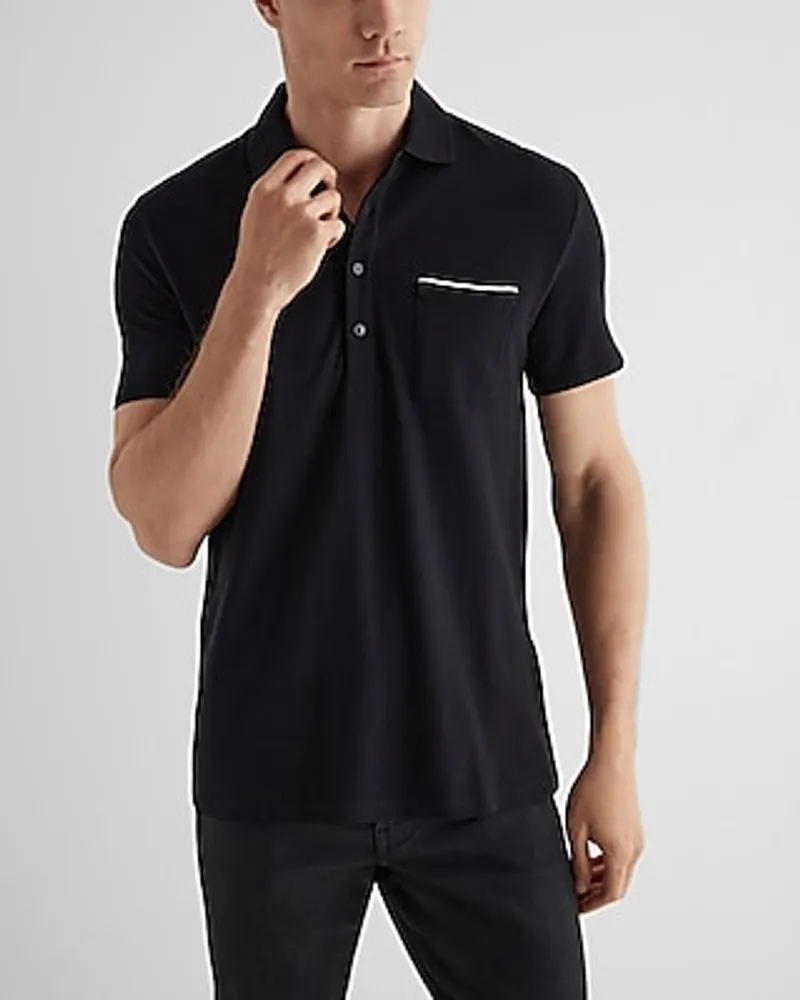 Tipped Pocket Luxe Pique Polo Black Men's L Tall