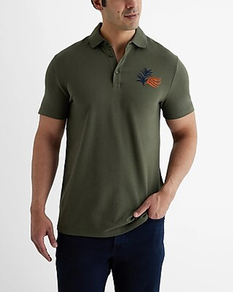 Embroidered Floral Graphic Luxe Pique Polo Green Men's Tall