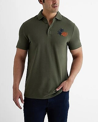 Embroidered Floral Graphic Luxe Pique Polo Green Men's XXL Tall