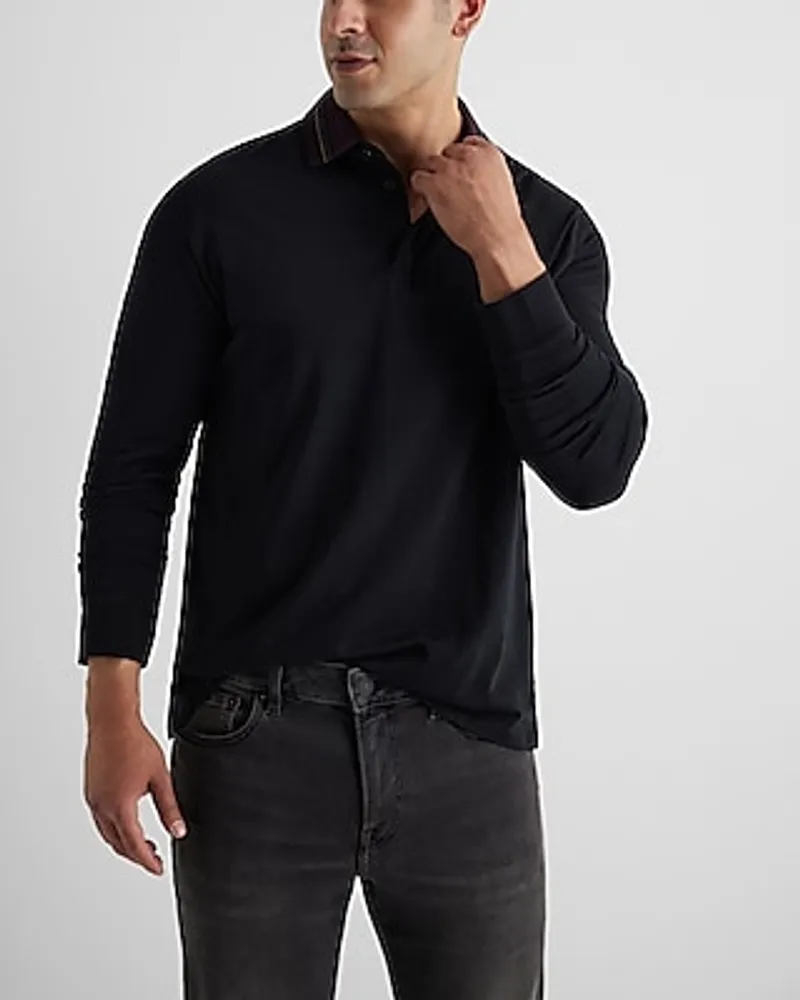 Striped Collar Perfect Pima Cotton Long Sleeve Polo Black Men's XS