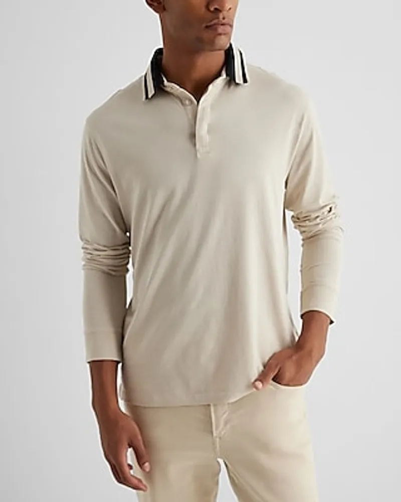 Striped Collar Perfect Pima Cotton Long Sleeve Polo Neutral Men's L