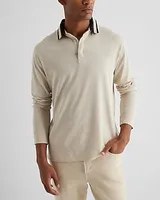 Striped Collar Perfect Pima Cotton Long Sleeve Polo Neutral Men's M