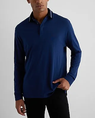 Big & Tall Striped Collar Perfect Pima Cotton Long Sleeve Polo Blue Men's XXL