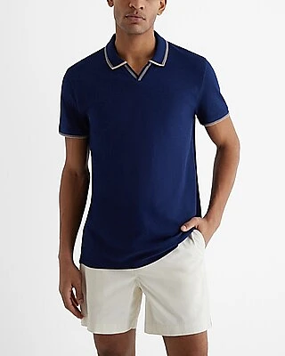 Tipped Johnny Collar Luxe Pique Polo Blue Men's L Tall