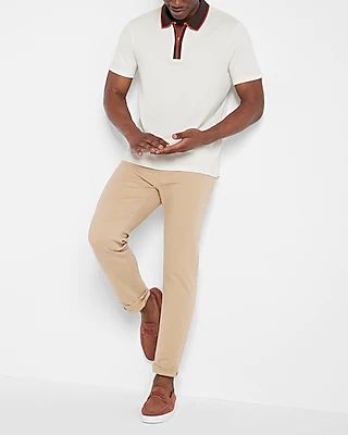 Contrast Tipped Collar Zip Polo White Men's XL