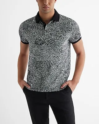 Big & Tall Abstract Printed Perfect Pima Cotton Polo Black Men's XXL