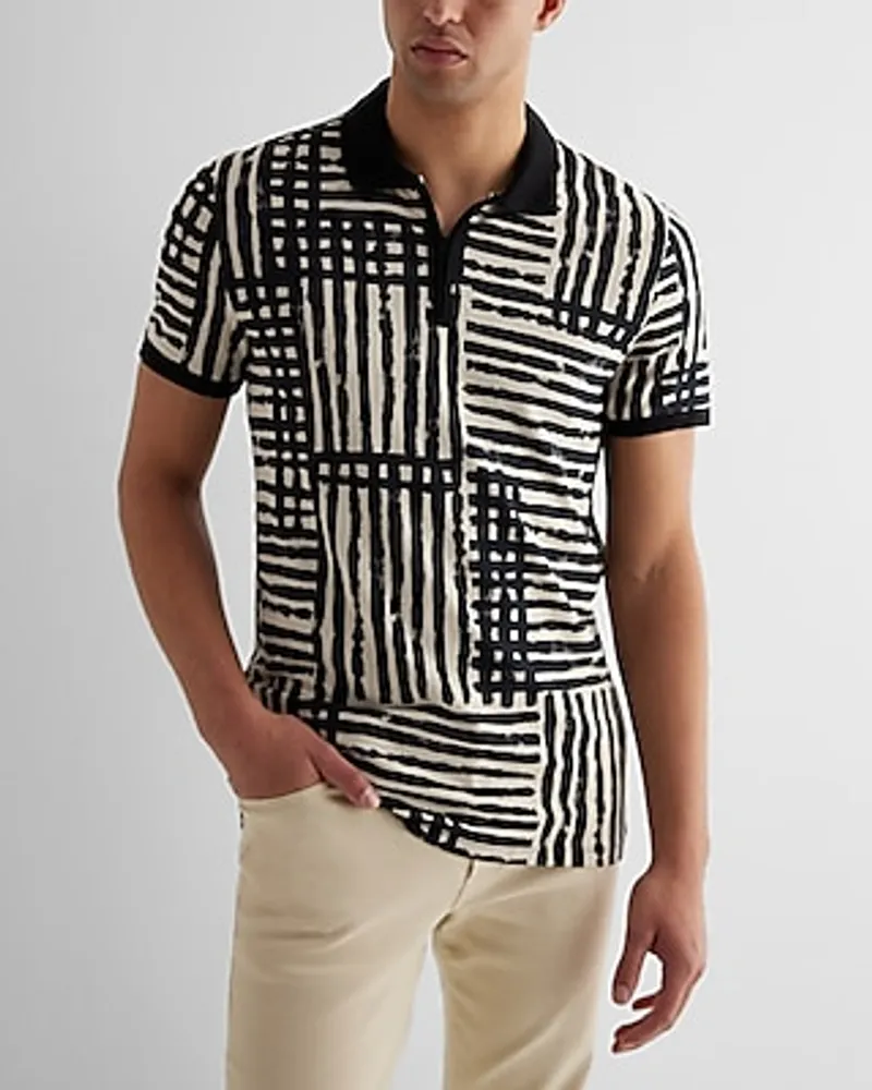 Painted Grid Luxe Pique Zip Polo Neutral Men's L