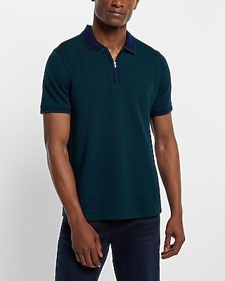 Tipped Contrast Collar Jacquard Zip Polo Green Men's XL
