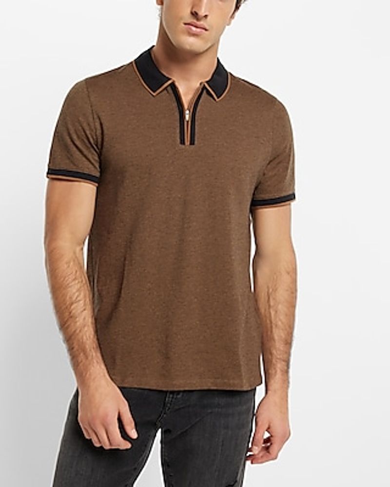 Tipped Contrast Collar Jacquard Zip Polo Brown Men's XL