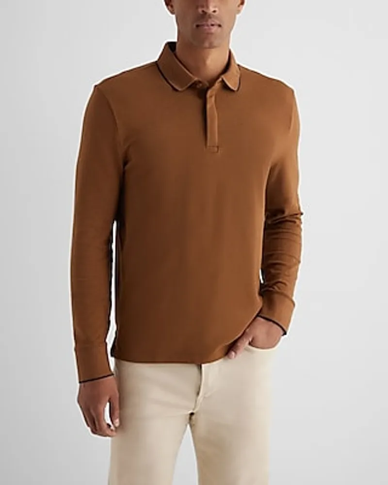 Big & Tall Tipped Collar Long Sleeve Pique Polo Brown Men's XXL