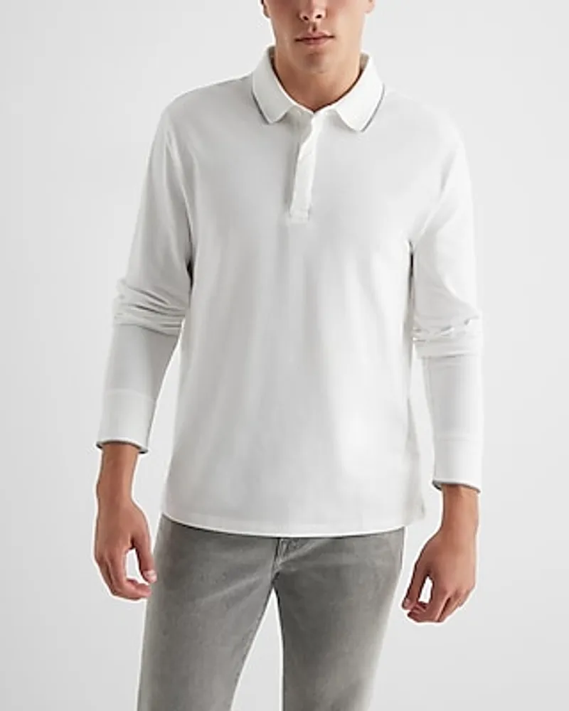 Tipped Collar Long Sleeve Pique Polo White Men's M