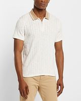 Ribbed Knit Contrast Collar Zip Polo White Men