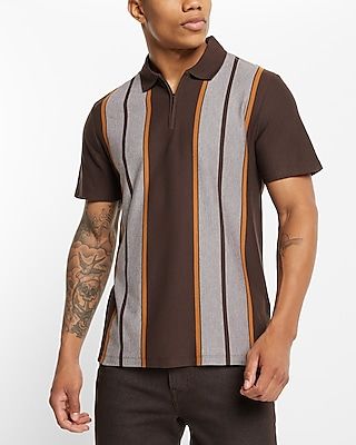 Striped Luxe Pique Zip Polo Brown Men's