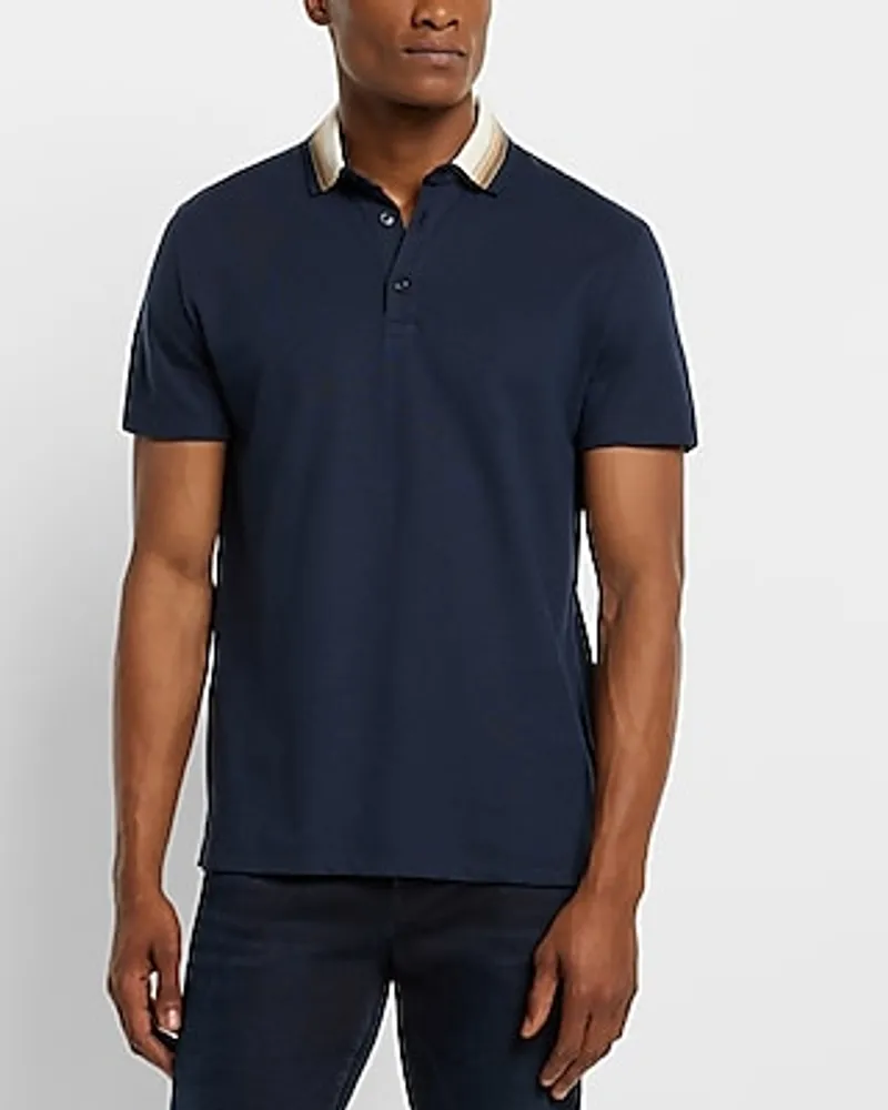 Striped Flat Knit Collar Luxe Pique Polo Blue Men's