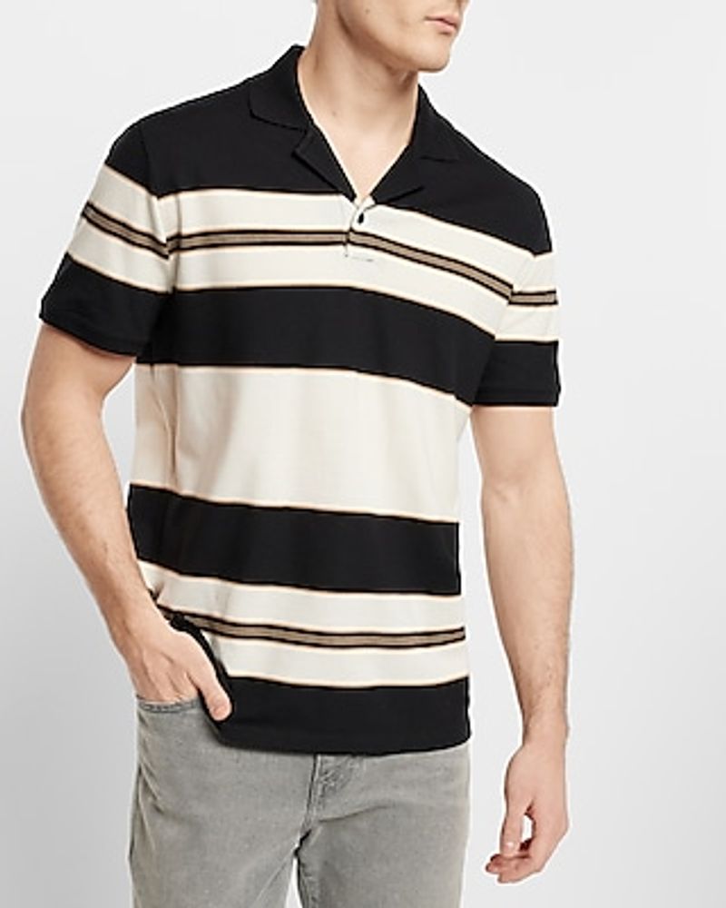 Striped Camp Collar Luxe Pique Polo Black Men's XS