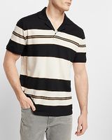 Striped Camp Collar Luxe Pique Polo Black Men's M Tall