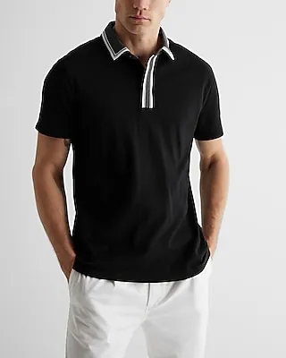 Stripe Tipped Collar Luxe Pique Polo Black Men's XS