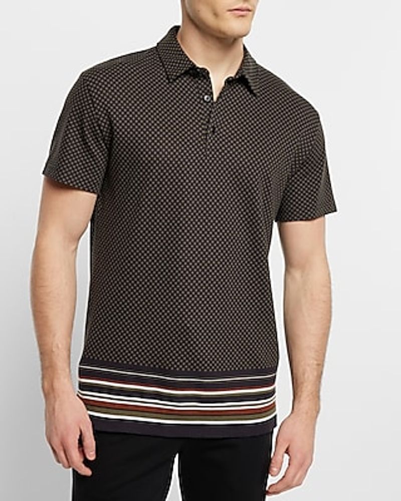 Geo Striped Hem Luxe Pique Polo Black Men's XS