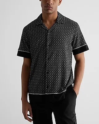 Geo Print Cotton-Blend Button Down Polo Black Men's XL