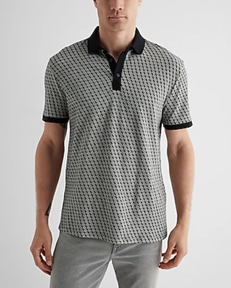 Geo Print Cotton Jacquard Polo Black Men's Tall