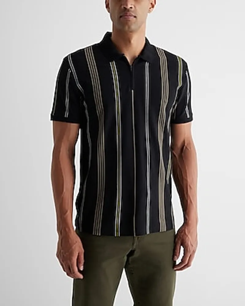 Multi Stripe Luxe Pique Zip Polo Black Men's XS