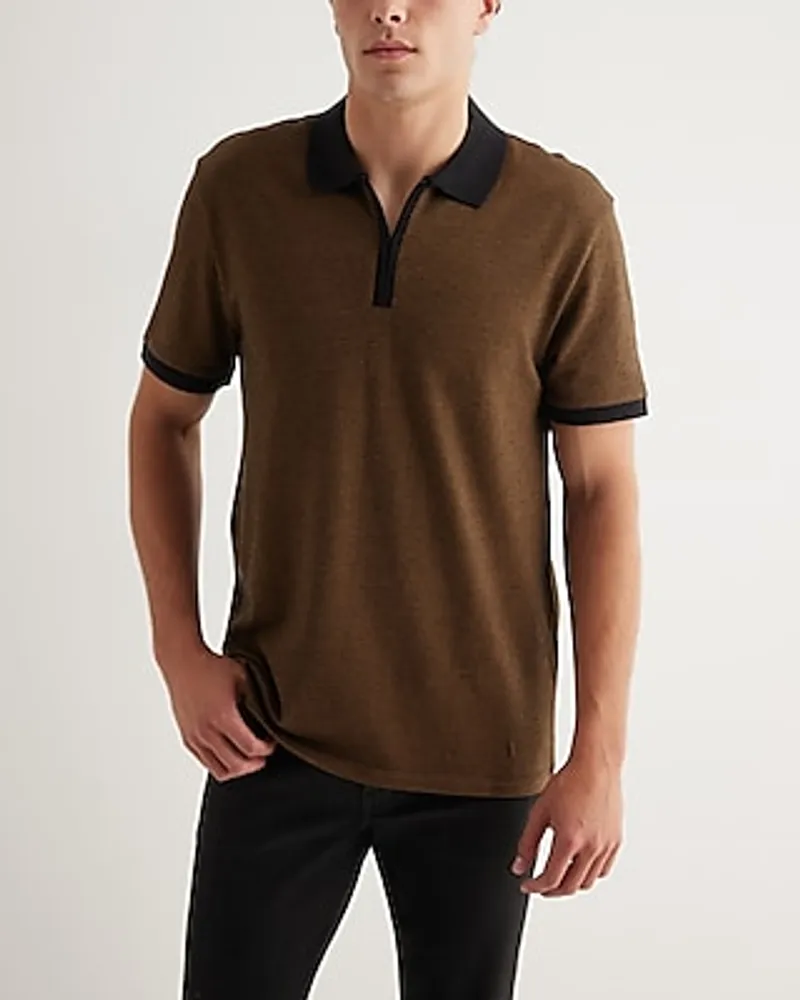 Houndstooth Cotton-Blend Jacquard Zip Polo Brown Men's L